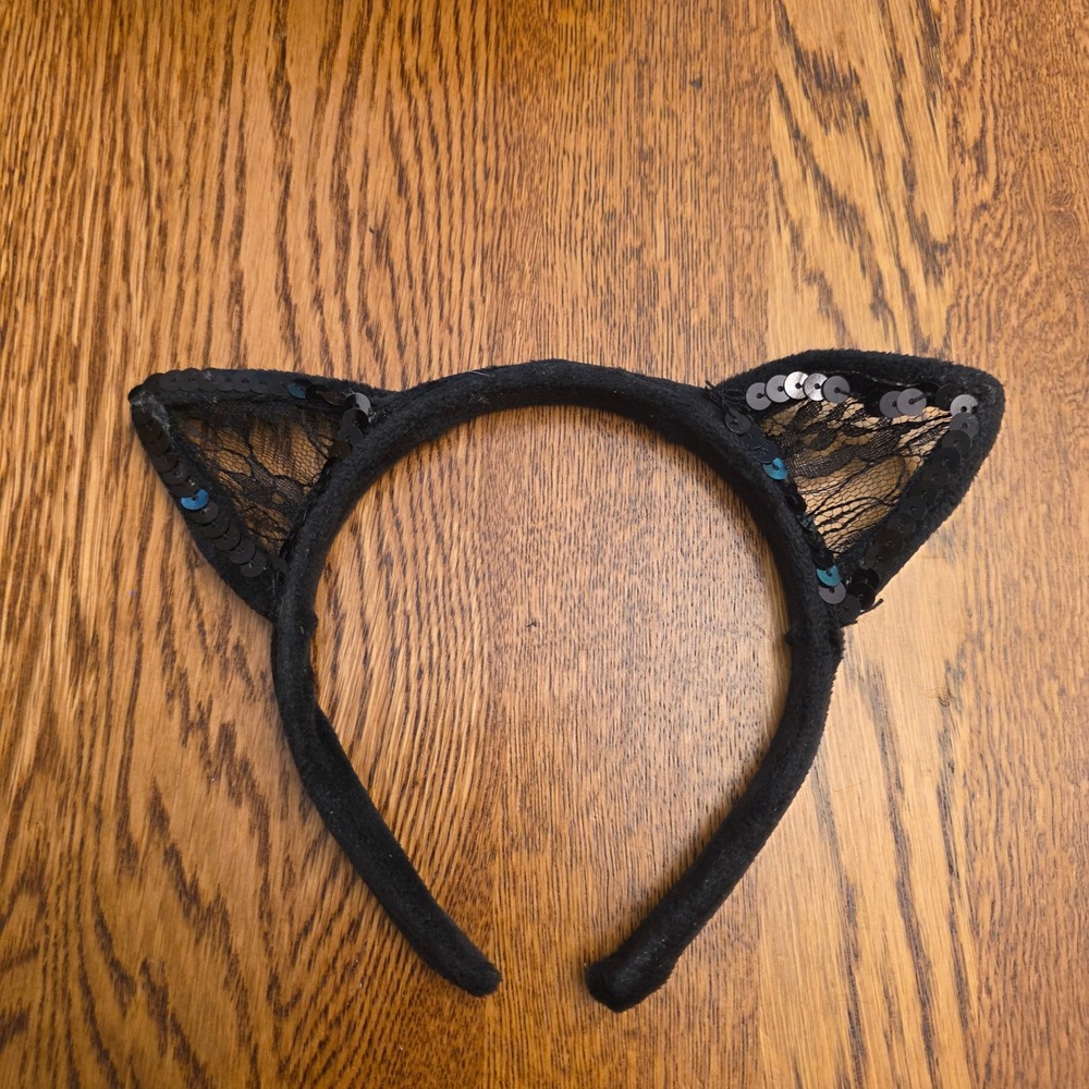 Black Lace Sequin Cat Ear Headband Costume Accessory Adult One Size Kitten